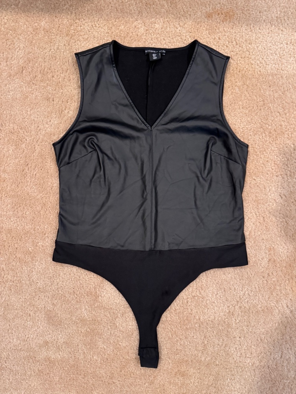 Black Faux Leather V-Neck Bodysuit